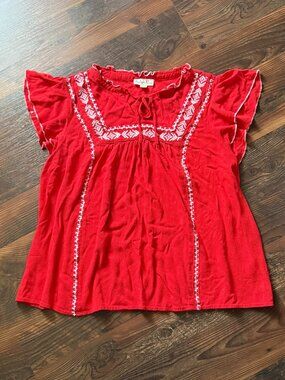 Indigo Rose Boho Peasant Top with Embroidery & Flutter Sleeves- Size 1X